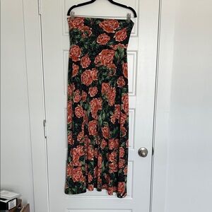 LuLaRoe Black Maxi Skirt with Coral and Green Floral Print